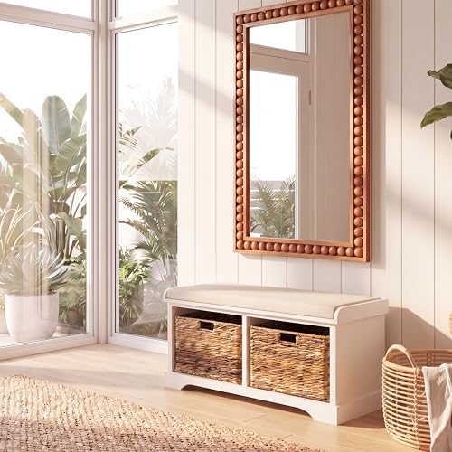 SAFAVIEH Furniture - Freddy 2-Basket Storage Bench - Vintage White - Solid Wood - Coastal Basket Storage Design - Ideal for Entryway, Living Room, Hallway, 18" Seat Height - Fully Assembled (AMH5736D)