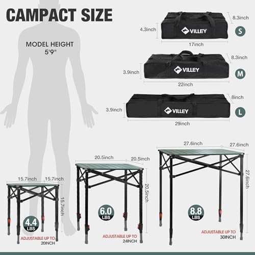 VILLEY Folding Camping Square Table, Portable Aluminum Table, Medium | Lightweight & Portable, Adjustable Square Table with Carry Bag for Camping, Picnic, BBQ, Backyard & Outdoor Use