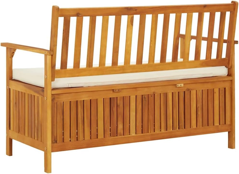 Patio Storage Bench Solid Acacia Wood Outdoor Garden Bench with Cushion, 47.2 Inch 2-Person Seating with Storage Chest for Hallway, Entryway, Backyard, Natural Brown Finish