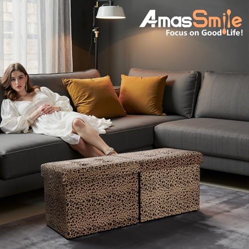 AmasSmile Footrest Ottoman Storage Bench,34" Velvet Folding Chest,Leopard | Large Ottoman with Storage,Thicker Foam Padded Seat,Livingroom,Dorm,Bedroom,Entryway,Easy to install,34 x 13 x 13in