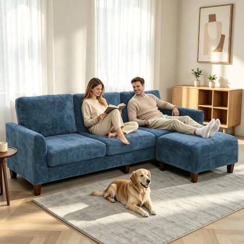 L Shaped Sectional Couch for Living Room, Modular Small Sofa with Ottoman | 96 Inch, 3 Deep Seats, Blue, Chenille, Easy Tool-Free Assembly, Modern Compact Sofa Set for Apartment, Office, Small Space