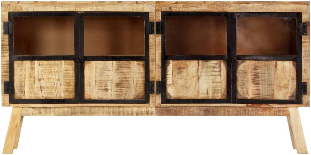 Industrial Style Solid Mango Wood Sideboard with Brown Finish and Black Accents, 63 Inch Length for Ample Storage, Durable Furniture for Living Room or Dining Area, Unique