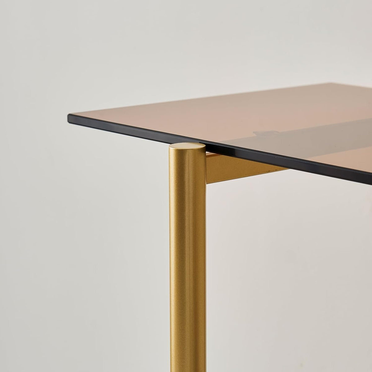 LumFurn Glass Console Table for Living Room, Foyer & Entrance, 2-Tiers Mid-Century Modern Sofa Table with Amber Glass Top, Walnut Finish Wood Shelf and Gold Finish Frame
