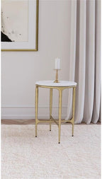 MAKLAINE Round Contemporary Marble Top Side Table in White and Gold