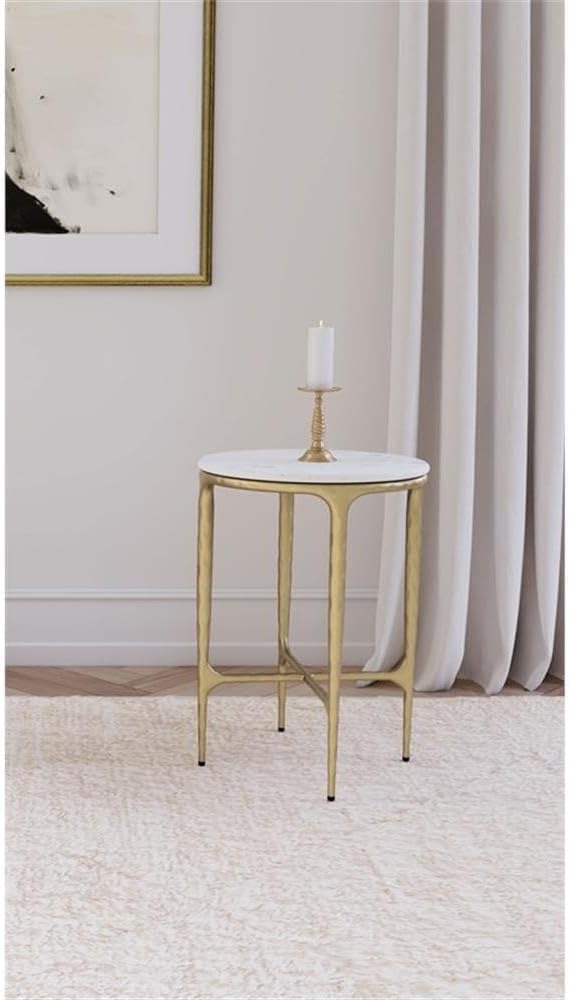 MAKLAINE Round Contemporary Marble Top Side Table in White and Gold