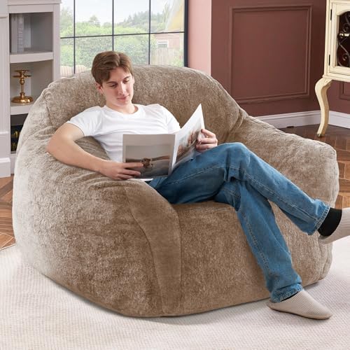 Homguava Giant Bean Bag Chairs for Adults,Large Bean Bag Couch with Arms | Big Beanbag Chair with Memory Foam Filled,Oversized Bean Bag Sofa,Faux Fur Floor Sofa Chair for Bedroom Living Room-Khaki
