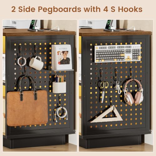 SEDETA 55" File Cabinet with Lock, Large 3 Drawers Filing Cabinets for Home Office, Lockable Printer Stand with Storage, Power Strip, LED Light & Pegboard, Black + Brown