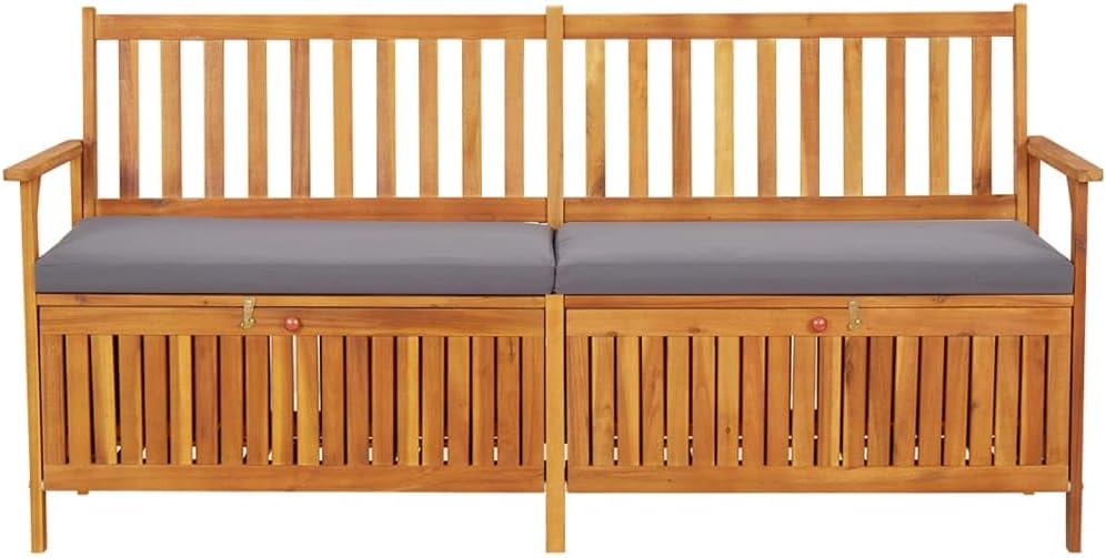 Black Acacia Wood Storage Bench Rectangular, 67 in Outdoor Storage Bench with Cushion, Black and Brown Patio Seating for Three