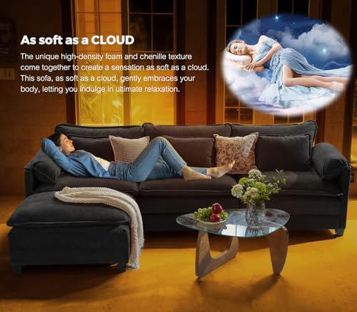 ELUCHANG 153" Oversized Modular Sectional Sofa, Comfy Chenille Cloud Couch, 8-Seater U Shaped Modern Deep Seat Sofa w/Removable Covers for Living Room, Bedroom, DIY Combination - Black