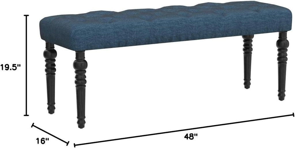 Roundhill Furniture Leviton Fabric Tufted Turned Leg Dining Bench, Blue