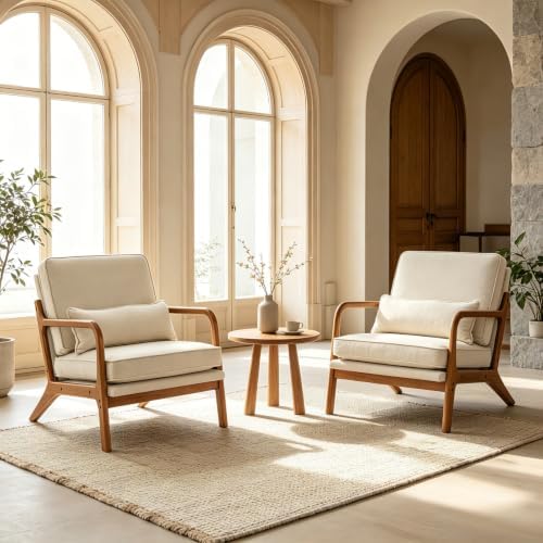 Karl home Mid-Century Modern Accent Reading Chair, Beige | Linen Upholstered, Solid Wood Frame, Soft Cushion, Lumbar Pillow, Lounge Armchair for Living Room, Bedroom, Balcony, Study