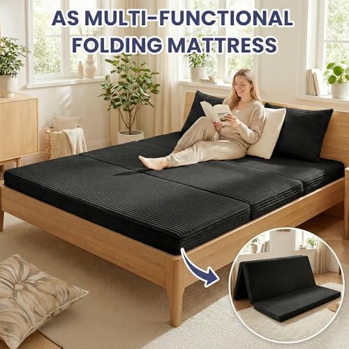Convertible Sofa Bed, 4-in-1 Loveseat with Removable Armrests Backrest, Corduroy Futon Couch Bed with Pillow, Foldable Mattress Sleeper Sofa for Living Room Bedroom Small Place (Black)