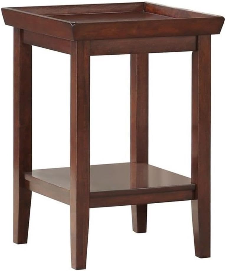 Pemberly Row Modern End Table, Espresso Wood Finish, 26" H x 18" W x 18" D, Solid Rubberwood Construction, Raised Tray Top with Bottom Shelf, Tapered Legs, Indoor Living Room Furniture