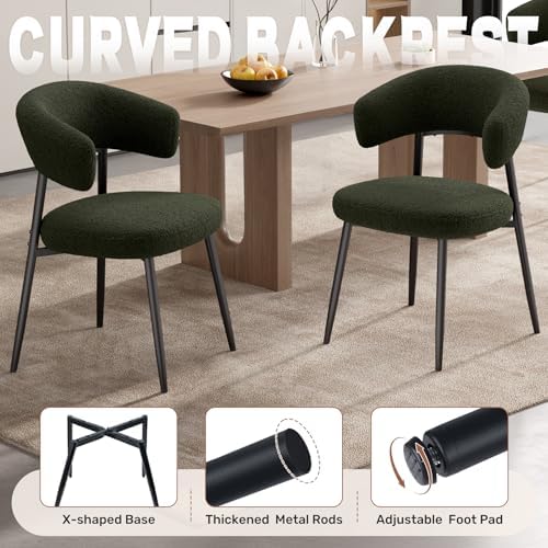 Dining Chairs Set of 4, Mid Century Modern Kitchen Chairs, Boucle Upholstered Dining Chair with Curved Backrest & Metal Legs for Kitchen Dining Room, Green