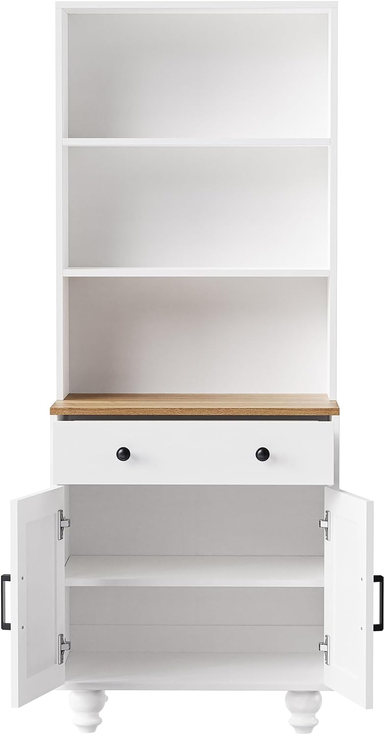 Farmhouse Kitchen Pantry Cabinet, 63'' Tall Storage Cabinet Wood Food Pantry with 2 Drawers & Adjustable Shelves, Kitchen Hutch Bookshelf for Dining Room (White)
