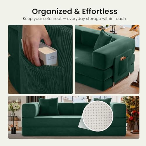 78.8" Convertible Futon Sofa Bed, Couch for Living Room | Corduroy Loveseat Sleeper Sofa, Modular Futon Couch with Storage Pocket, Pull Out Couch No Assembly | Forest Green