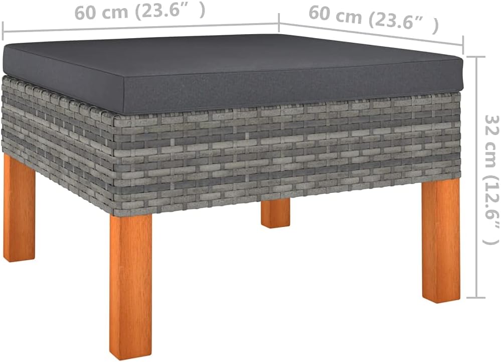 vidaXL Outdoor Footstool - Gray Poly Rattan and Solid Eucalyptus - Steel Frame with Removable and Washable Cushion Cover