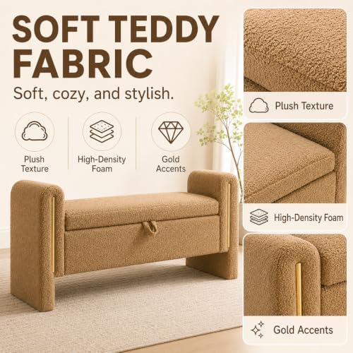 52" Upholstered Storage Bench, Brown, Armrests, Wood Frame | Mid-century storage ottoman bench, soft fabric, high-density foam. Perfect for end of bed, entryway, living room, bedroom.