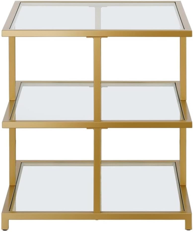Pemberly Row Contemporary 22" Gold Finish Side Table, Handcrafted Metal Frame, Tempered Glass Shelves, Cantilevered Design, Modern Accent Table for Living Room, Family Room or Bedside