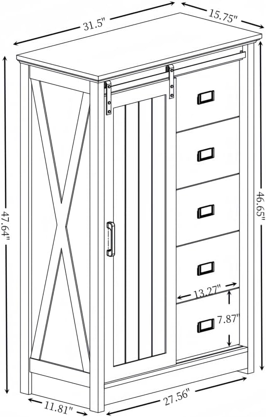 Elountik Farmhouse Modern Tall Dresser with Sliding Barn Door and 5 Drawers, Storage Organizer for Bedroom, Living Room, Hallway, Kids Room in Oak Finish