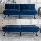 Modern Navy Blue Velvet Convertible Folding Futon Couch Sofa Bed | Adjustable Pillow Top Arm Memory Foam Couch Double Loveseat Sofa for Compact Living Space,Dorm,Game Studio,Apartment,Bedroom