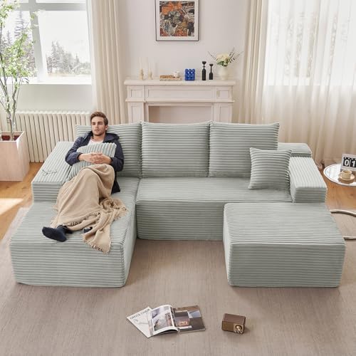 Lakifun 107" L-Shape Sofa with Ottoman, Modern Modular Sectional Comfy U-Shape Cloud Couch, Deep Seat, Upholstered Corduroy Sleeper Chaise Longue for Living Room Bedroom, No Assembly Required, Grey