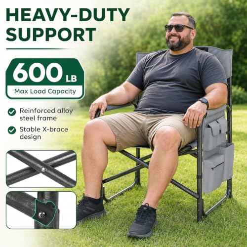 Colegence Oversized Directors Camping Chairs, 2 Pack, 600 lb, Black | Heavy duty outdoor chairs for adults, 28" wide seat, supportive back, side table, cup holder, detachable storage pocket