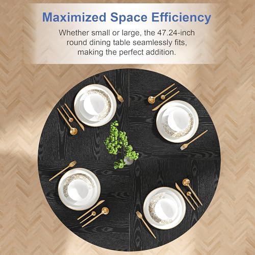 Round Farmhouse Dining Room Table for 6, 47" MDF Circle Kitchen Table with Wood Grain Finish, Wooden Kitchen and Dining Table for Dining Room, Kitchen, Living Room, Black