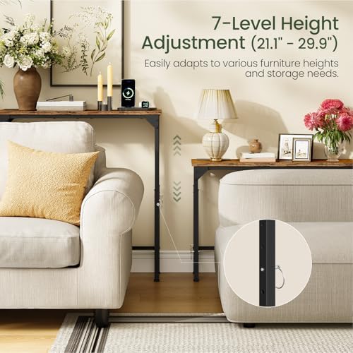 CHOEZON 29.5" Narrow Console Table with Adjustable Height (21.1"-29.9"), Behind Couch Table, Entryway Table with Power Outlet, Narrow Sofa Table, for Entryway, Rustic Brown and Black TXG10UBF