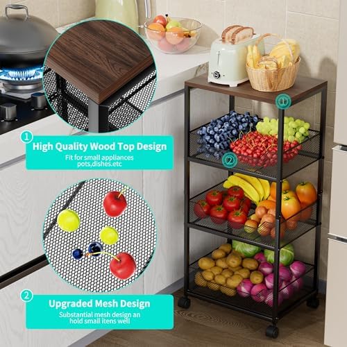 HapiRm Fruit Basket Kitchen Cart - 4-Tier Rolling Storage Cart with Wheels, Fruit Vegetable Basket with Wood Top, Pantry Utility Kitchen Organizer for Fruit Potato Onion Vegetable Bread Snack