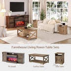 LUXOAK 3 Piece Living Room Table Set with Barn Door, Barnwood | Includes Coffee Table and 2 End Tables, Charging Station &USB Ports, Rustic Farmhouse Style, Living Room Furniture Set