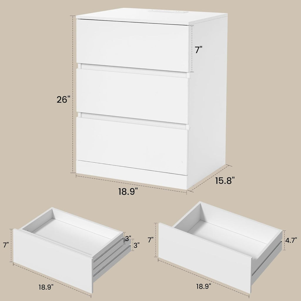 Nightstands Set of 2 with Charging Station and Hidden Drawer, 26"H, White | Bedside Table with 4 Drawers, Modern Night Stand for Bedroom, Side Table with Storage 18.9" W x 15.7" D x 26" H