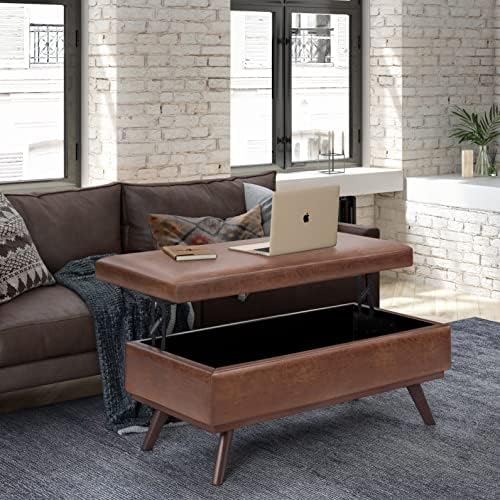 SIMPLIHOME Owen 42" Wide Vegan Leather Lift Top Ottoman in Saddle Brown | Distressed saddle brown, mid-century modern lift-top ottoman with storage for living room; rectangle footstool or pouf.