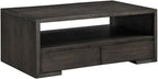 Pemberly Row 3-Piece Coffee & End Table Set, Walnut Finish, Oak Veneers and Solid Hardwood, Built-in Storage Drawers, Open Shelves, Contemporary Style Living Room Furniture