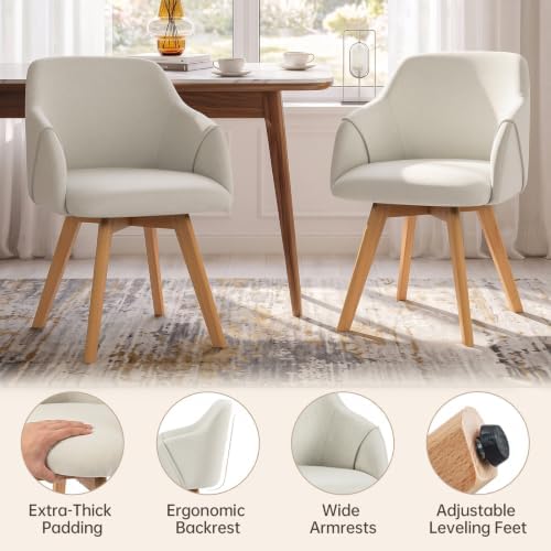 Swivel Dining Chairs Set of 6 with Arms and Wood Legs, Beige | Beech Wood Frame, Linen Fabric Upholstered Kitchen Chairs, Mid Century Modern, 18.5" Widen Seat, For Dining Room, Living Room