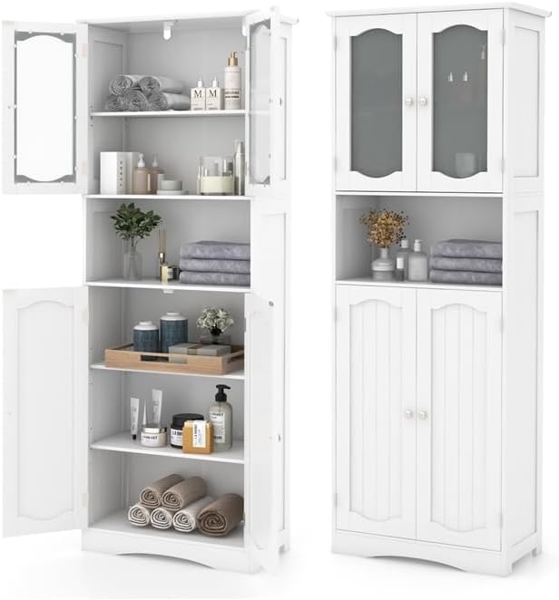 NAFORT Tall Storage Cabinet, Freestanding Cupboard with Adjustable Shelves, Frosted Glass Doors, Anti-Tipping Devices, Multifunctional Floor Cabinet for Bathroom, Dining Room & Living Room (White)