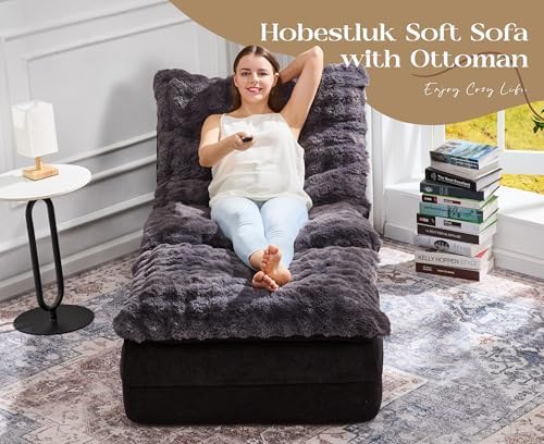 Hobestluk Small Couch Sofa Chaise Lounge Chair Recliner Chair with Footrest | Ergonomic Design,Fluffy Fabric,Multi-Functional Ottoman,No Assembly,Lounge Chair Indoor Bedroom Apartment | Dark Grey Single
