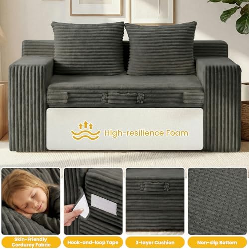 Couch, Loveseat Sleeper Sofa Bed – 3-in-1 Convertible Couch Bed with Side Pockets & Handle,Pull Out Corduroy Futon for Small Space,Living Room & Bedroom,2 Pillows Included,No Assembly