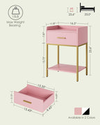 Nightstand, Modern Bedside Table with Drawer and Legs,Pink and Gold Night Stand with Open Shelf, Narrow Side Table for Bedroom, Living Room