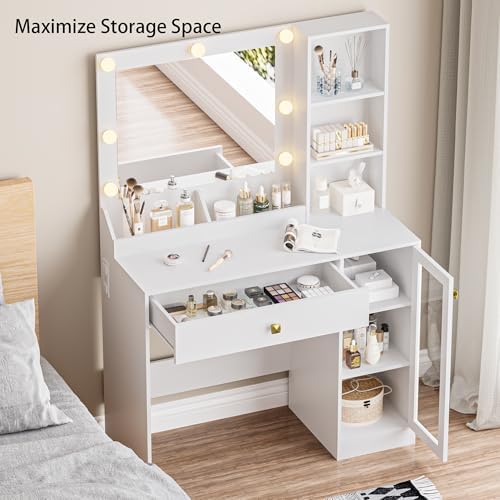 BORNOON Small Vanity Desk with Mirror and Lights, Makeup Vanity Desk with Adjustable Brightness 3 Light Modes, RGB Storage Cabinet, Power Outlet, Drawer, Shelves, Vanity Table for Women Girls Bedroom