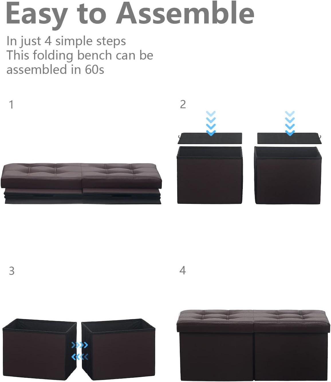 AmasSmile Footrest Ottoman Storage Bench,34" Leather Folding Chest,Brown | Large Ottoman with Storage,Thicker Foam Padded Seat,Livingroom,Dorm,Bedroom,Entryway,Easy to install,34 x 13 x 13in