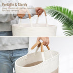 Large Laundry Basket, Laundry Hamper with Leather Handles, 60L Woven Dirty Clothes Hamper, Rope Hampers for Bedroom, Barthroom, Brown