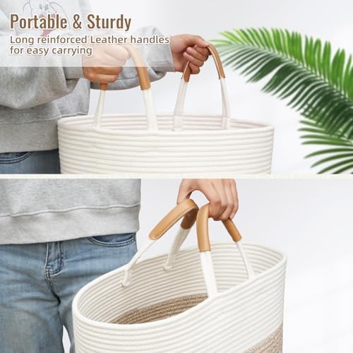 Large Laundry Basket, Laundry Hamper with Leather Handles, 60L Woven Dirty Clothes Hamper, Rope Hampers for Bedroom, Barthroom, Brown