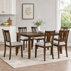 7-Piece Dining Table Set, Counter Height Kitchen Set with Rectangular Table & 6 Slatted Backrest Upholstered Chairs, Farmhouse Dining Room Furniture, Wooden Table & Chair for Home, Walnut