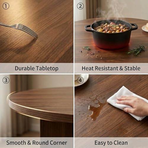 HIPIHOM Modern Round Dining Table Set for 4, 39.4" Walnut Kitchen Table with 4 PU Leather Chairs, 5-Piece Mid-Century Dining Room Set for Small Spaces, Pedestal Base