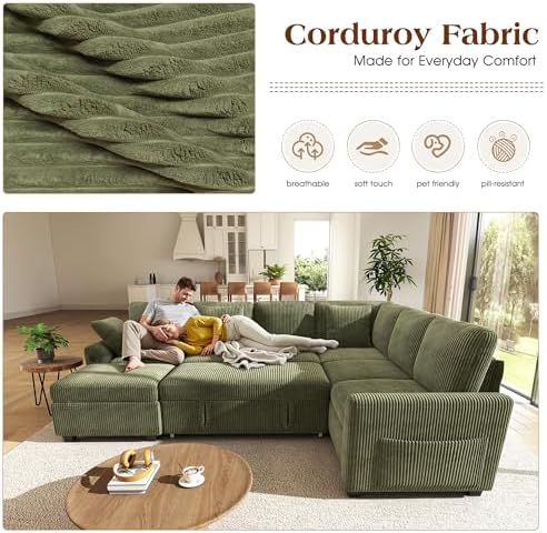 Ihanherry 7-Seater Large Sectional Sofa Bed with Storage Ottoman & Lovescat, Corduroy Modular Sleeper Sofa Set with USB Port & 4 Pillows, 106" U-Shaped Convertible Couch for Living Room（Green）
