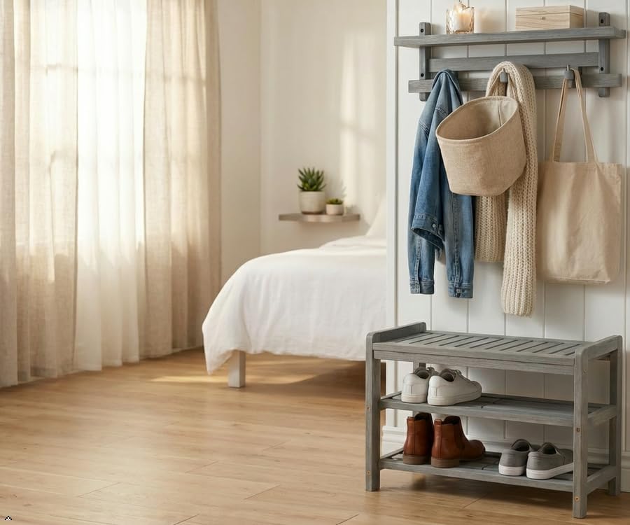27-Inch Wooden Shoe Bench for Entryway, 3-Tier Storage Organizer, Rustic Shoe Rack Bench for Narrow Spaces, Brush Grey