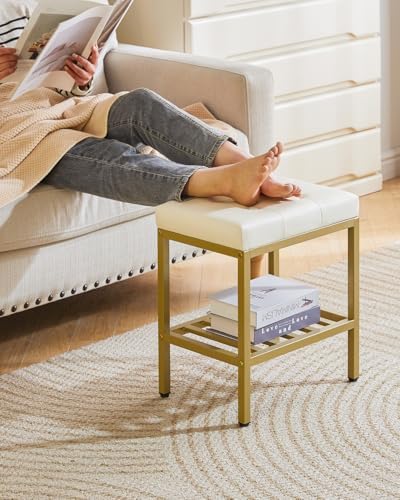 IBUYKE Rectangular Makeup Stool, PU Seat Vanity Chair, White WBD017W | Adjustable Feet Storage Space Footrest Multi-Use Small Side Table Ottoman Bedroom