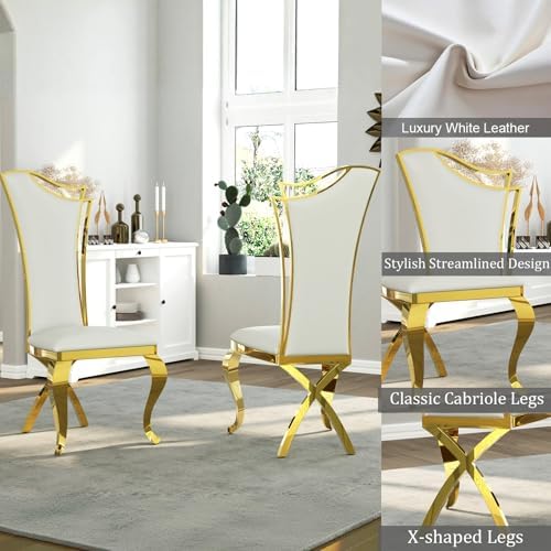 ACEDÉCOR 7 Piece Dining Table Set, Luxury White and Gold Kitchen and Dining Room Set for 6, Metal Circling Base Dining Table Set with White Leather Upholstered Dining Chairs