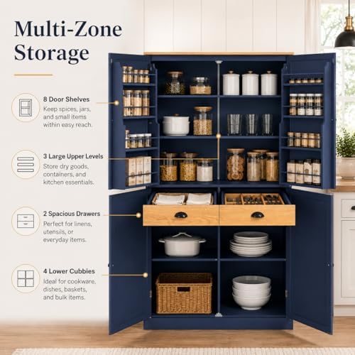 71" Tall Kitchen Pantry Storage Cabinet with 8 Door Shelves and 2 Storage Compartments, Two-Tone Freestanding Food Pantry Cabinet with Adjustable Shelves for Kitchen, Dining Room